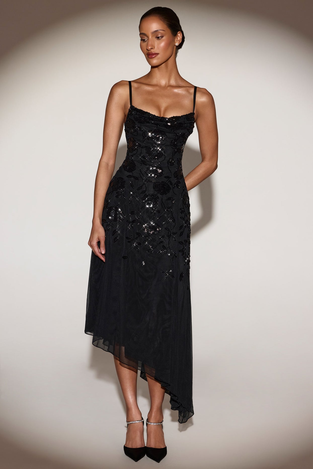 Embellished Soft-Scoop Asymmetric Midaxi Dress in Black - 6