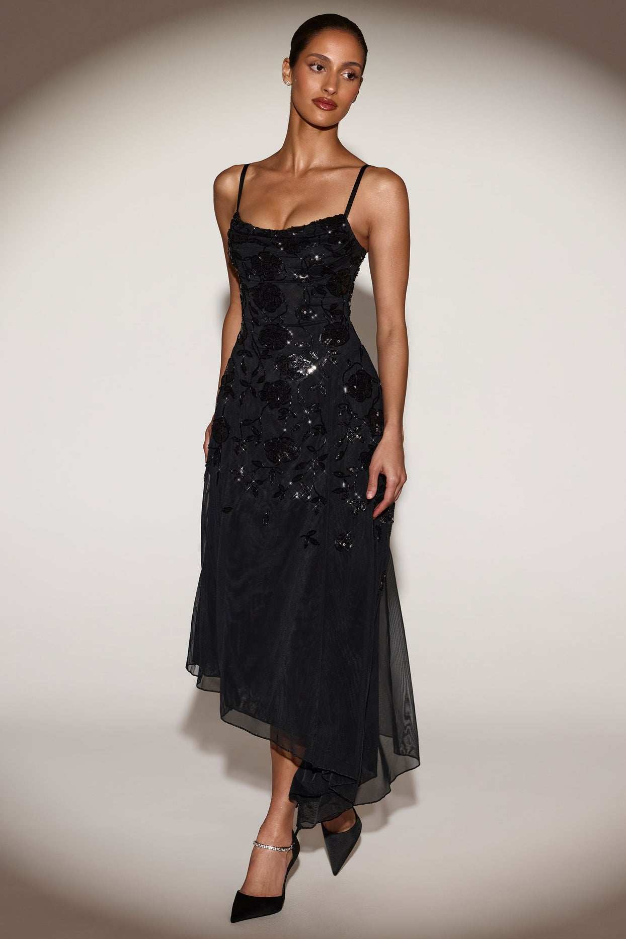 Embellished Soft-Scoop Asymmetric Midaxi Dress in Black - 7