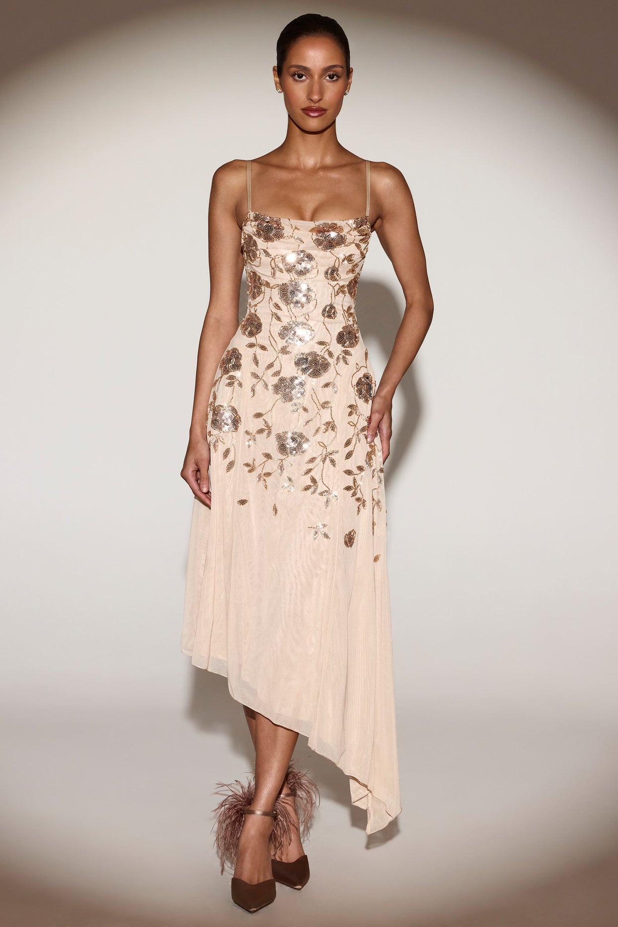 Embellished Soft-Scoop Asymmetric Midaxi Dress in Gold - 1