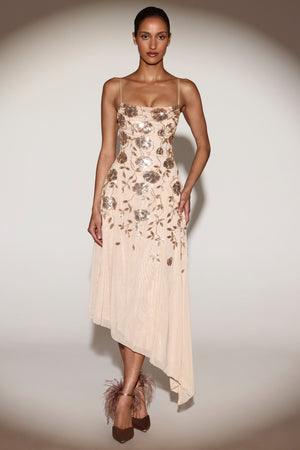 Embellished Asymmetric Midaxi Dress in Gold