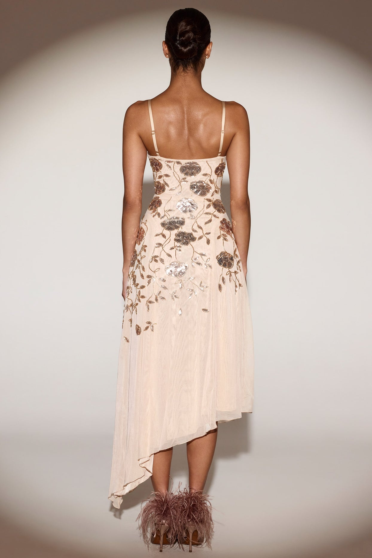 Embellished Soft-Scoop Asymmetric Midaxi Dress in Gold - 3