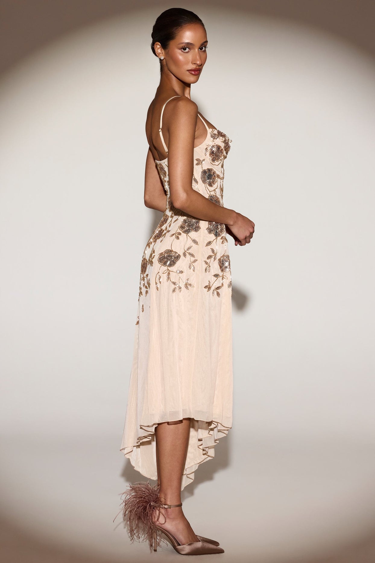 Embellished Soft-Scoop Asymmetric Midaxi Dress in Gold - 4