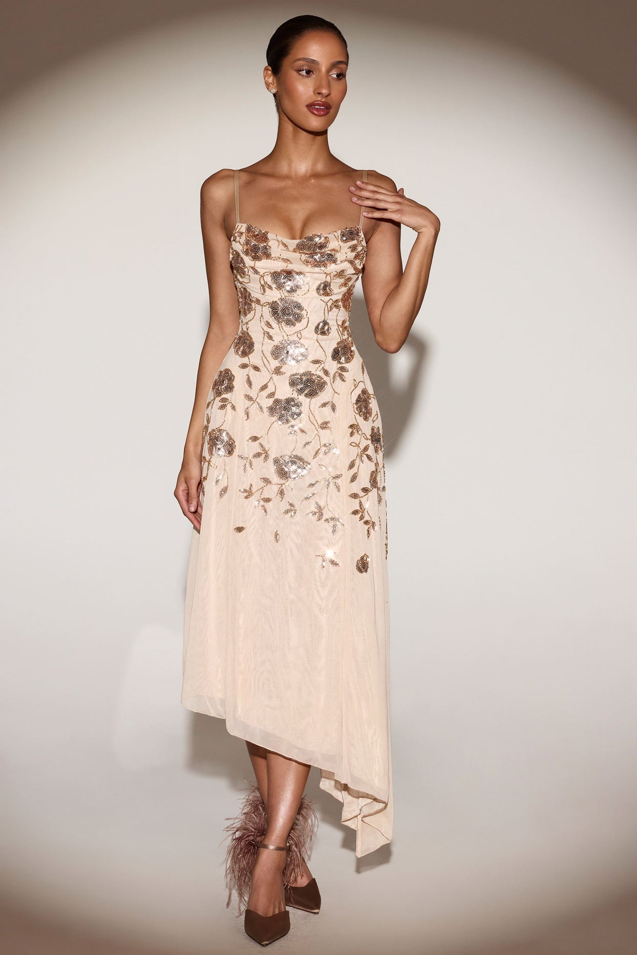 Embellished Soft-Scoop Asymmetric Midaxi Dress in Gold - 7