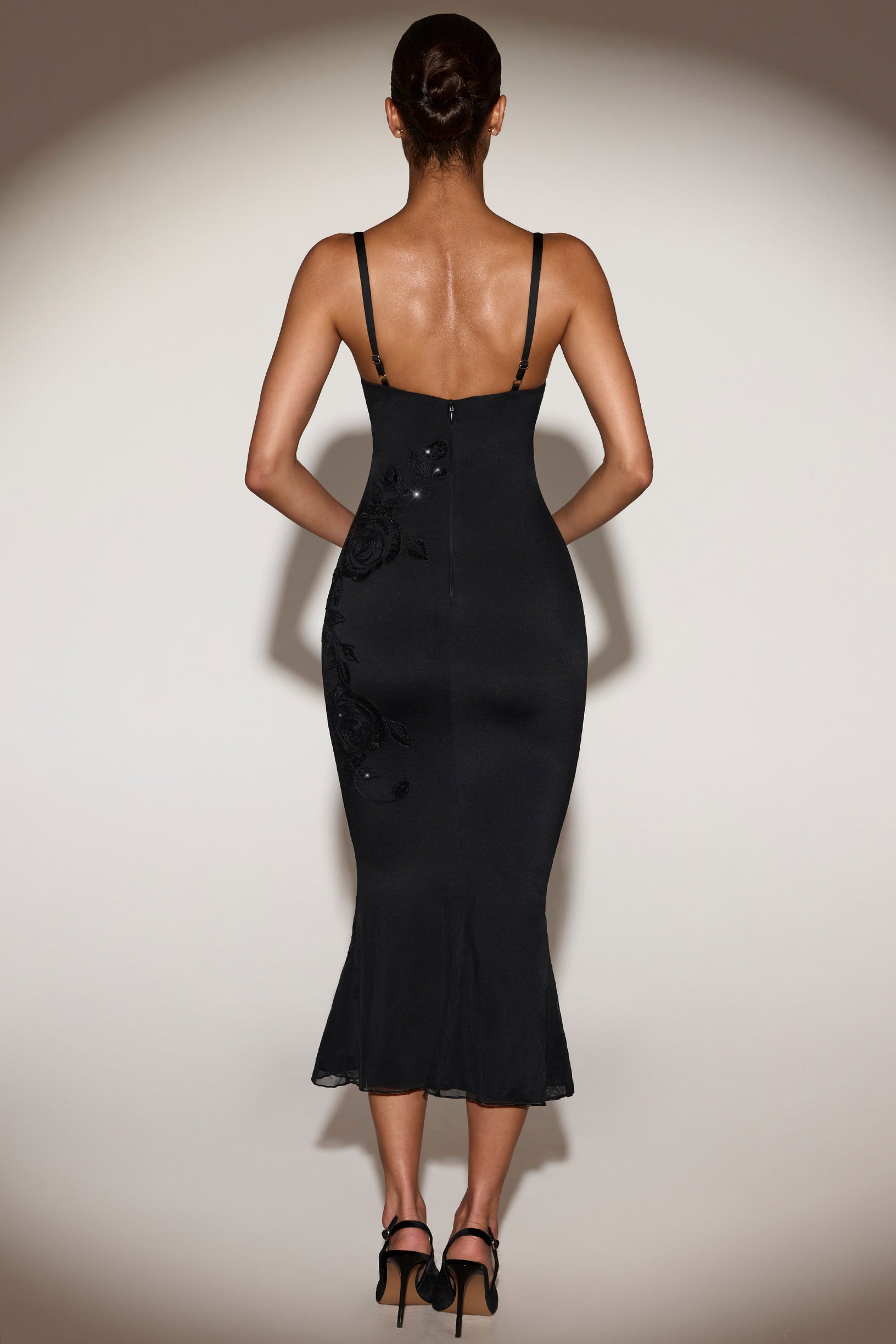 Embellished Peekaboo Fluted-Hem Midaxi Dress in Black - 2