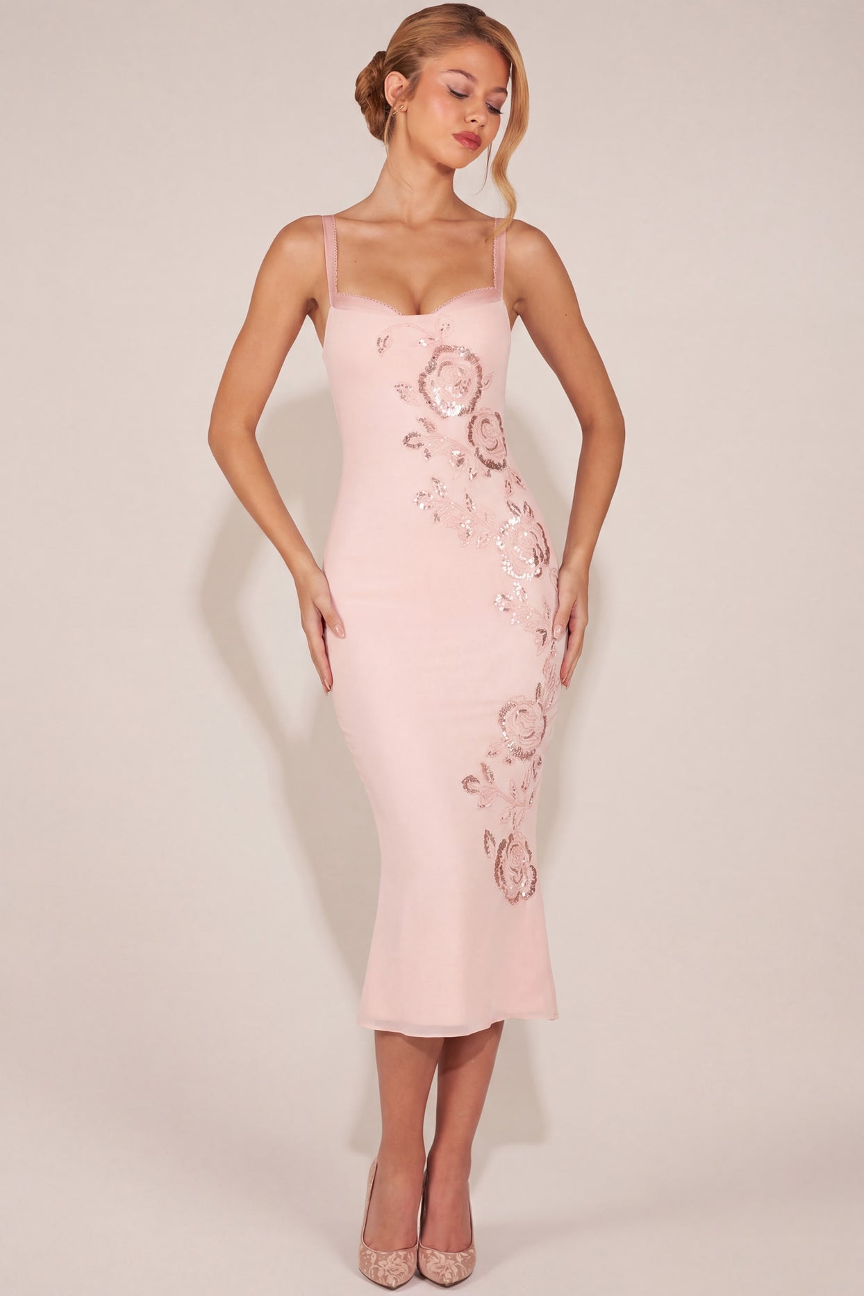 Embellished Peekaboo Fluted-Hem Midaxi Dress in Pink - 4