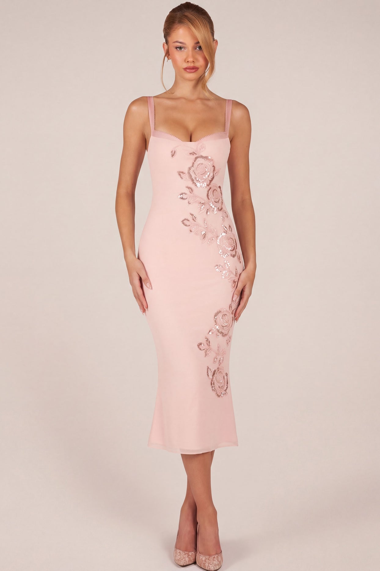 Embellished Peekaboo Fluted-Hem Midaxi Dress in Pink - 1