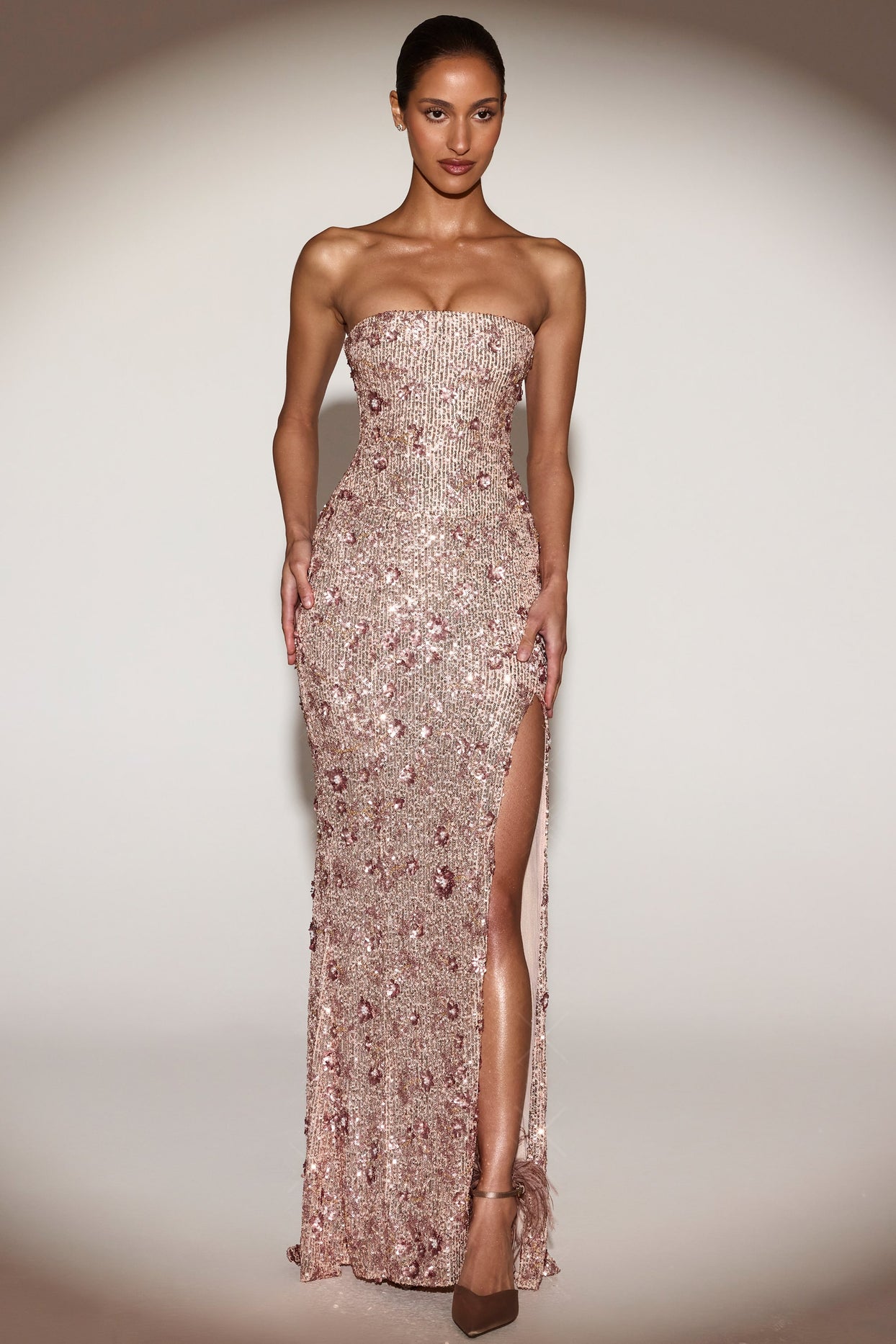 Embellished Bandeau-Neck Strapless Gown in Rose Gold - 10