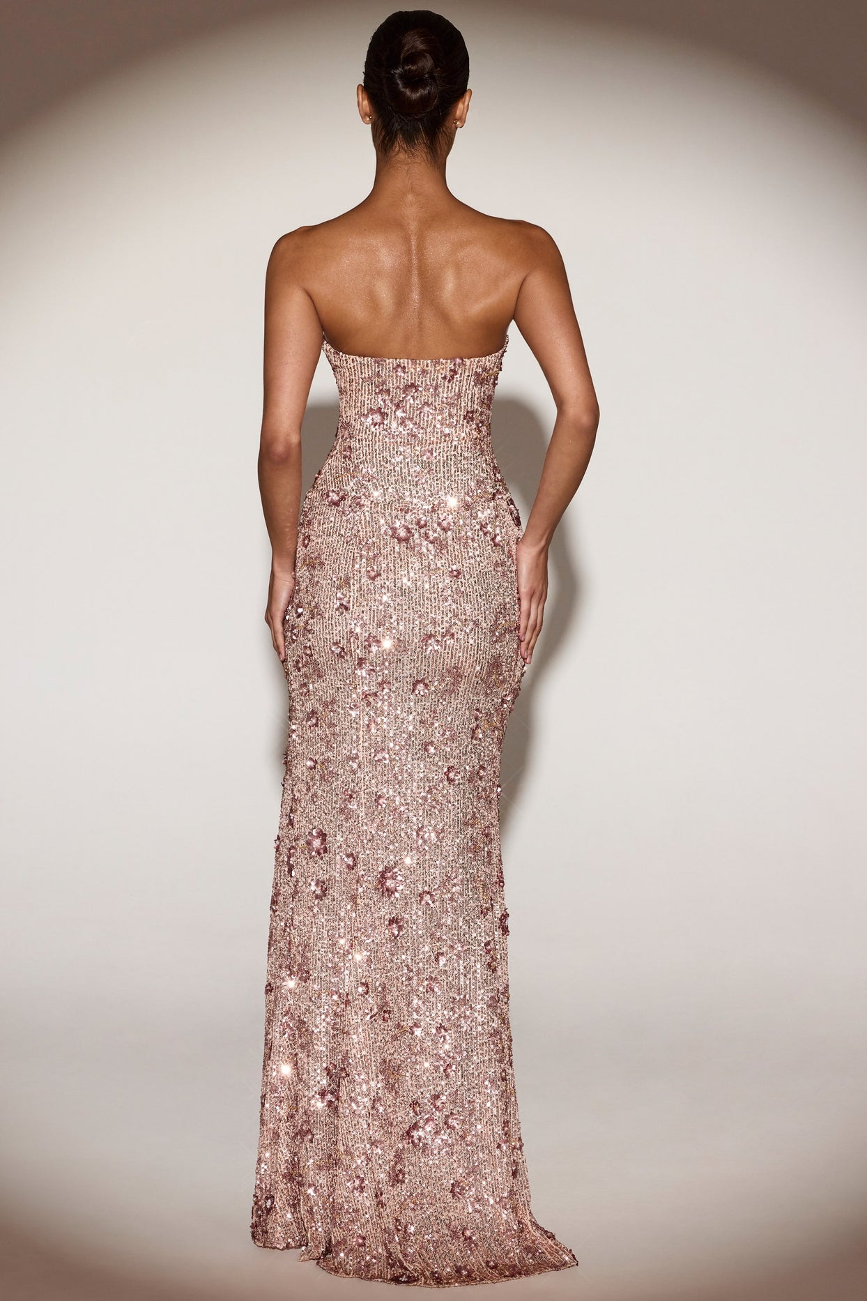 Embellished Bandeau-Neck Strapless Gown in Rose Gold - 3