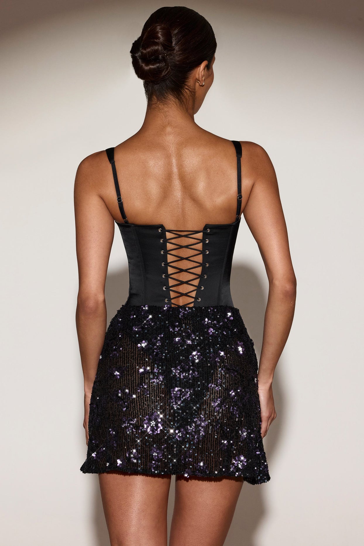 Satin Corset Embellished Skirt Mini Dress in Black Purple - 2
