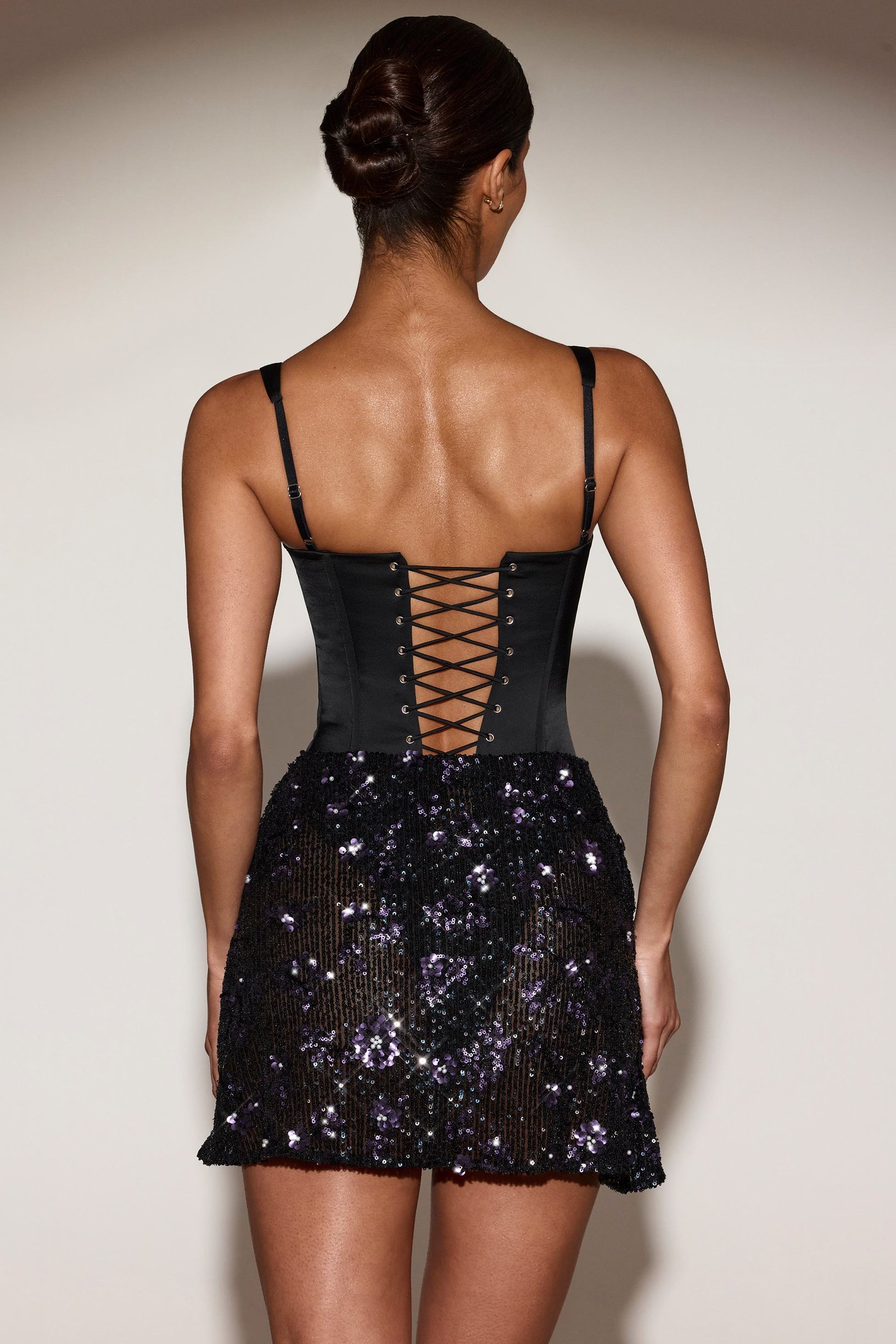 Satin Corset Embellished Skirt Mini Dress in Black Purple - 2