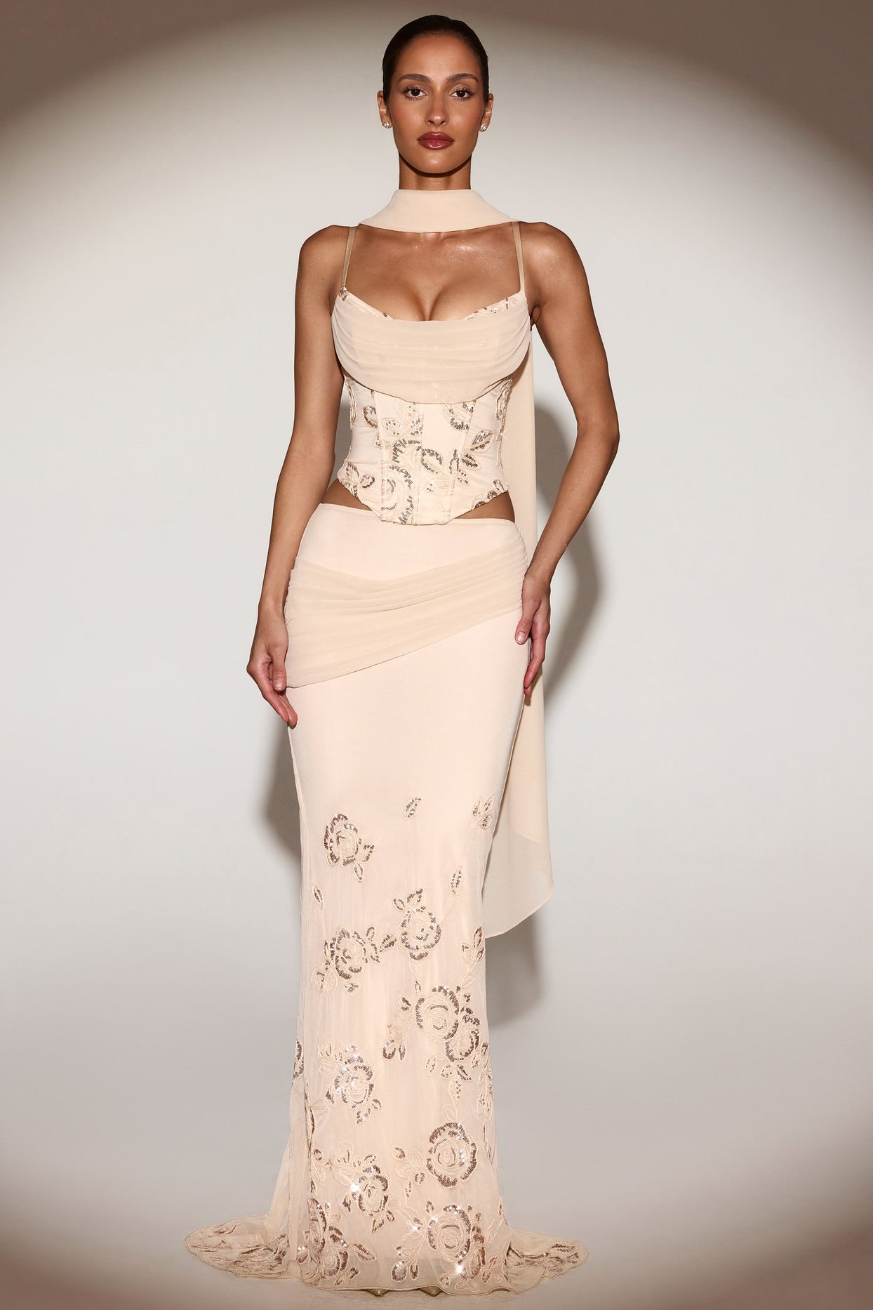 Embellished Draped Mid-Rise Gown Skirt in Gold - 5