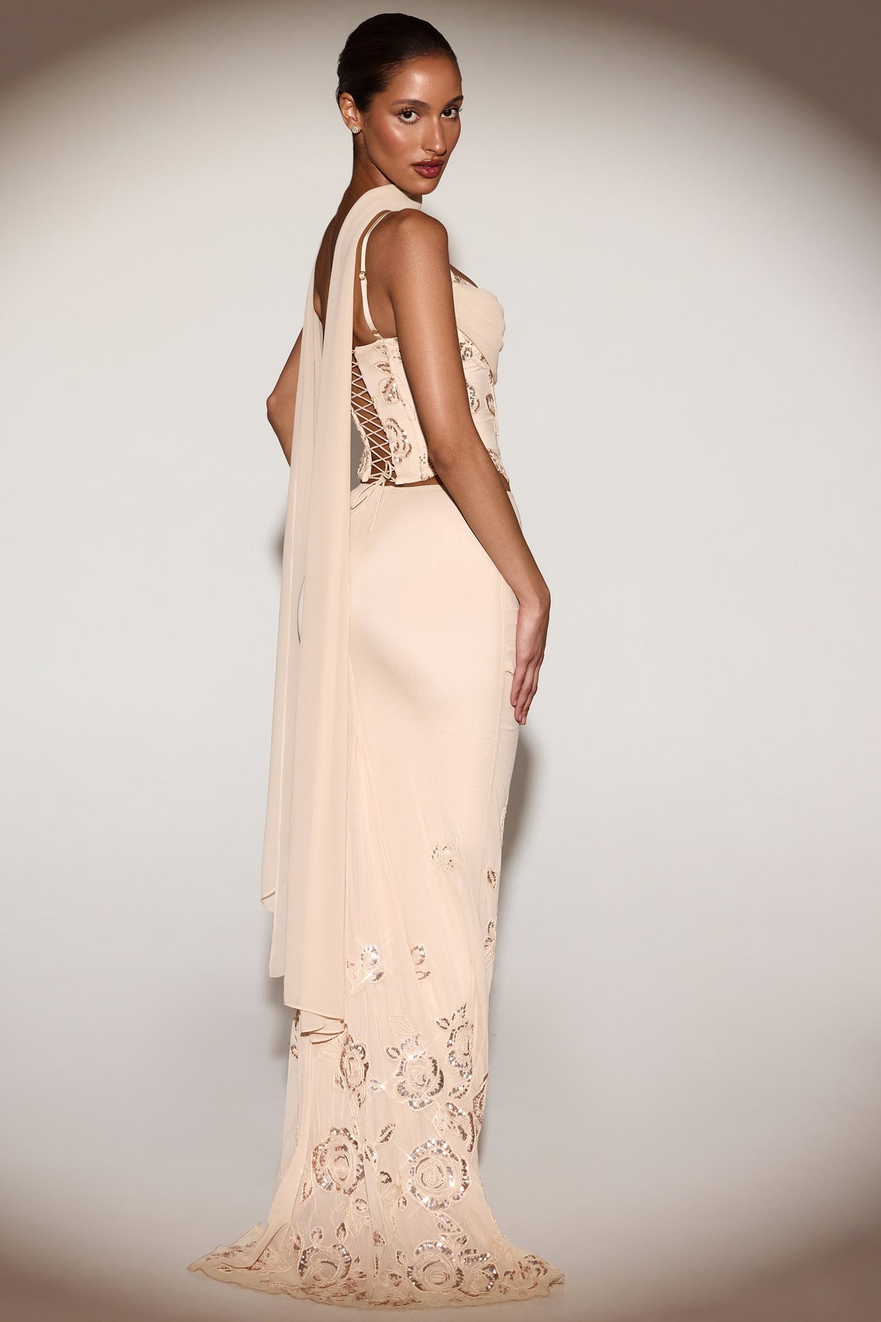 Embellished Draped Mid-Rise Gown Skirt in Gold - 7