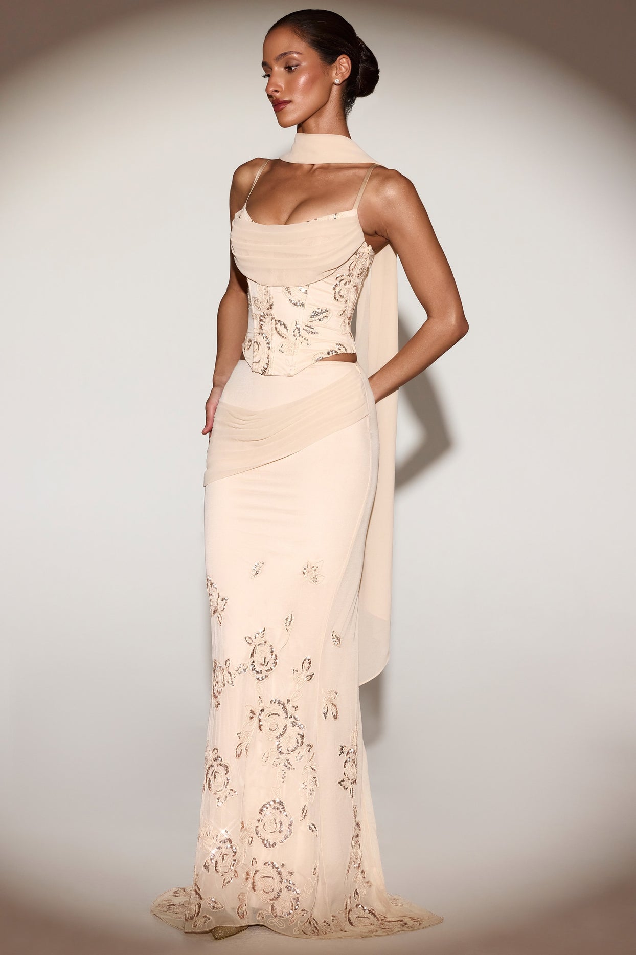 Embellished Draped Mid-Rise Gown Skirt in Gold - 9