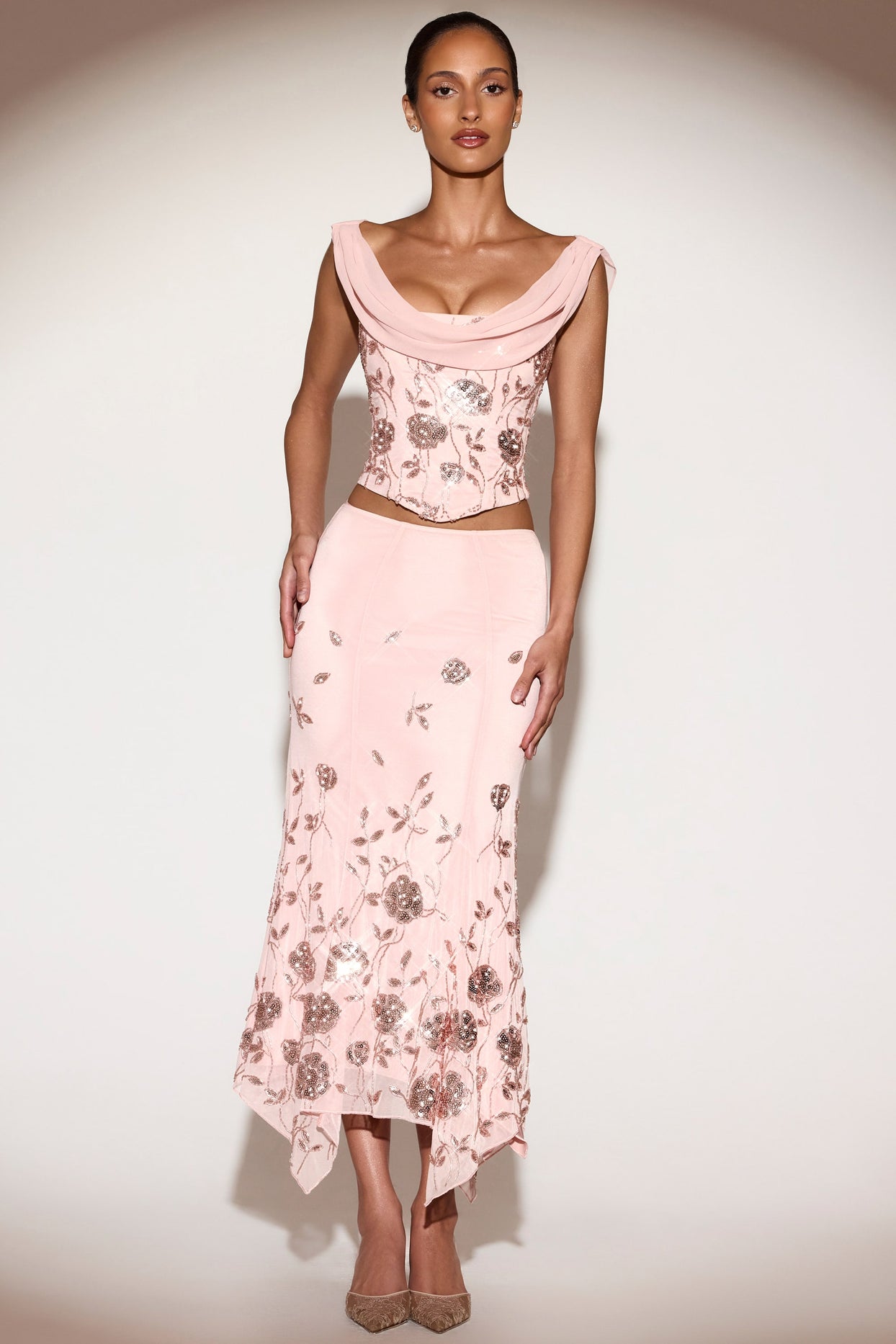 Embellished Mid-Rise Hanky-Hem Midaxi Skirt in Pink - 4