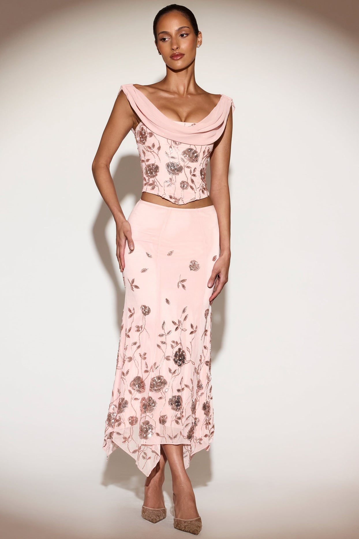Embellished Mid-Rise Hanky-Hem Midaxi Skirt in Pink - 5