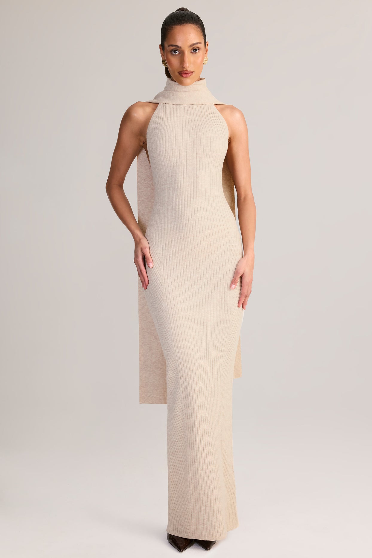 Rib-Knit Scarf-Detail Halterneck Maxi Dress in Cream - 1