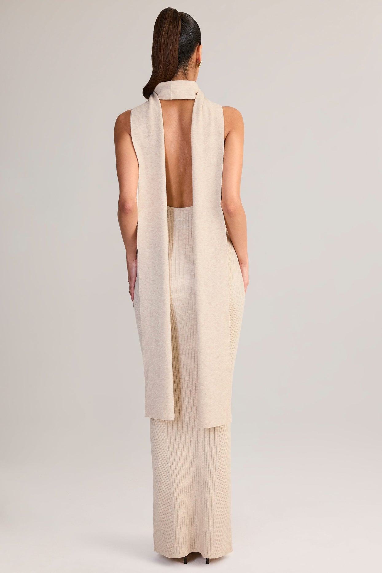 Rib-Knit Scarf-Detail Halterneck Maxi Dress in Cream - 2