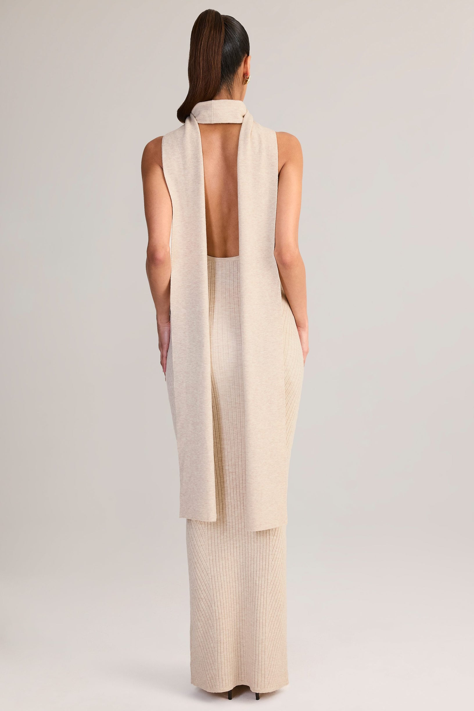Rib-Knit Scarf-Detail Halterneck Maxi Dress in Cream - 2