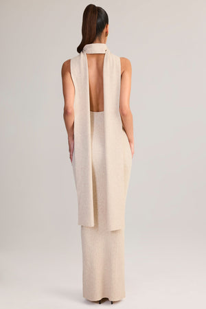 Knit Scarf-Detail Halterneck Maxi Dress in Cream