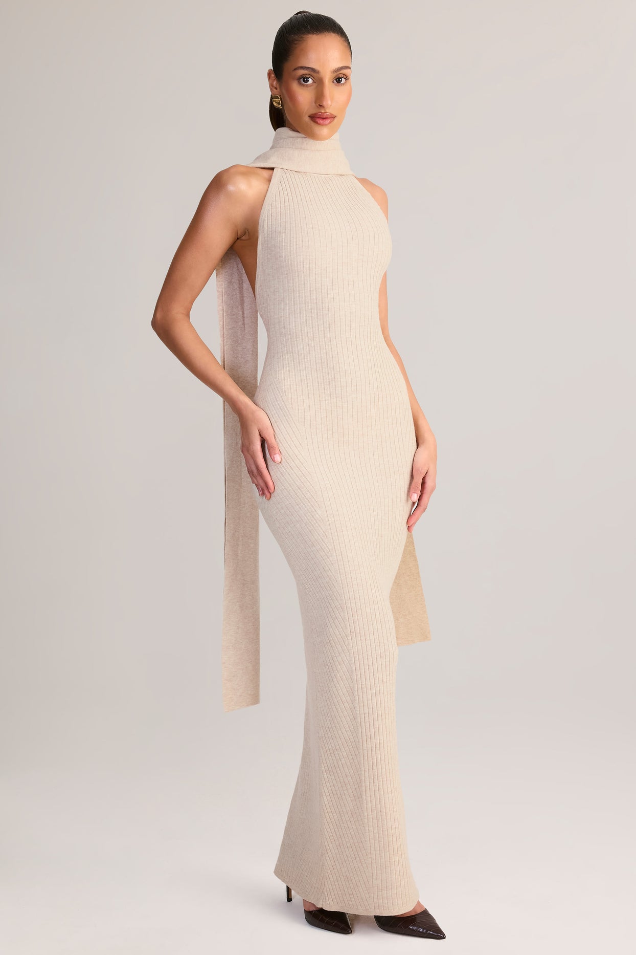 Rib-Knit Scarf-Detail Halterneck Maxi Dress in Cream - 5