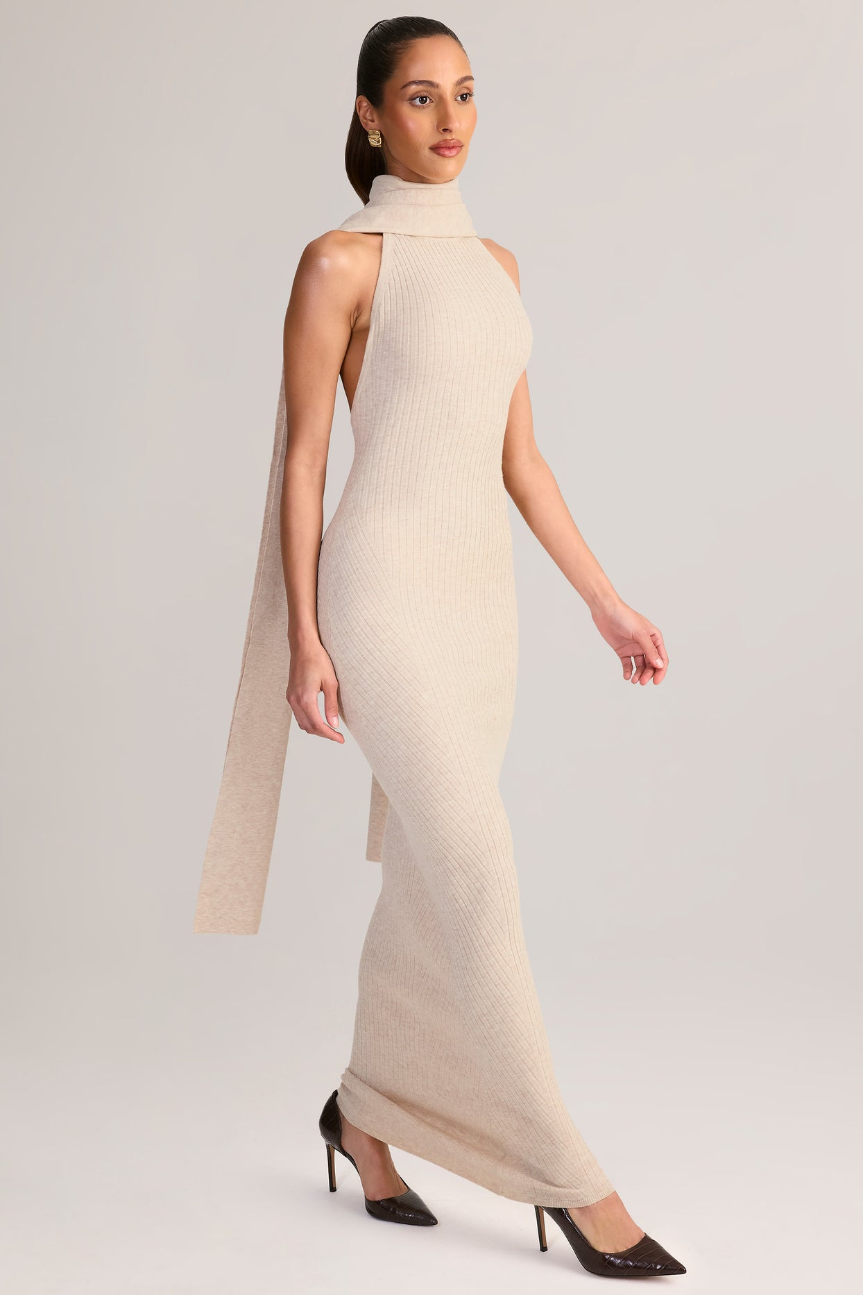 Rib-Knit Scarf-Detail Halterneck Maxi Dress in Cream - 6