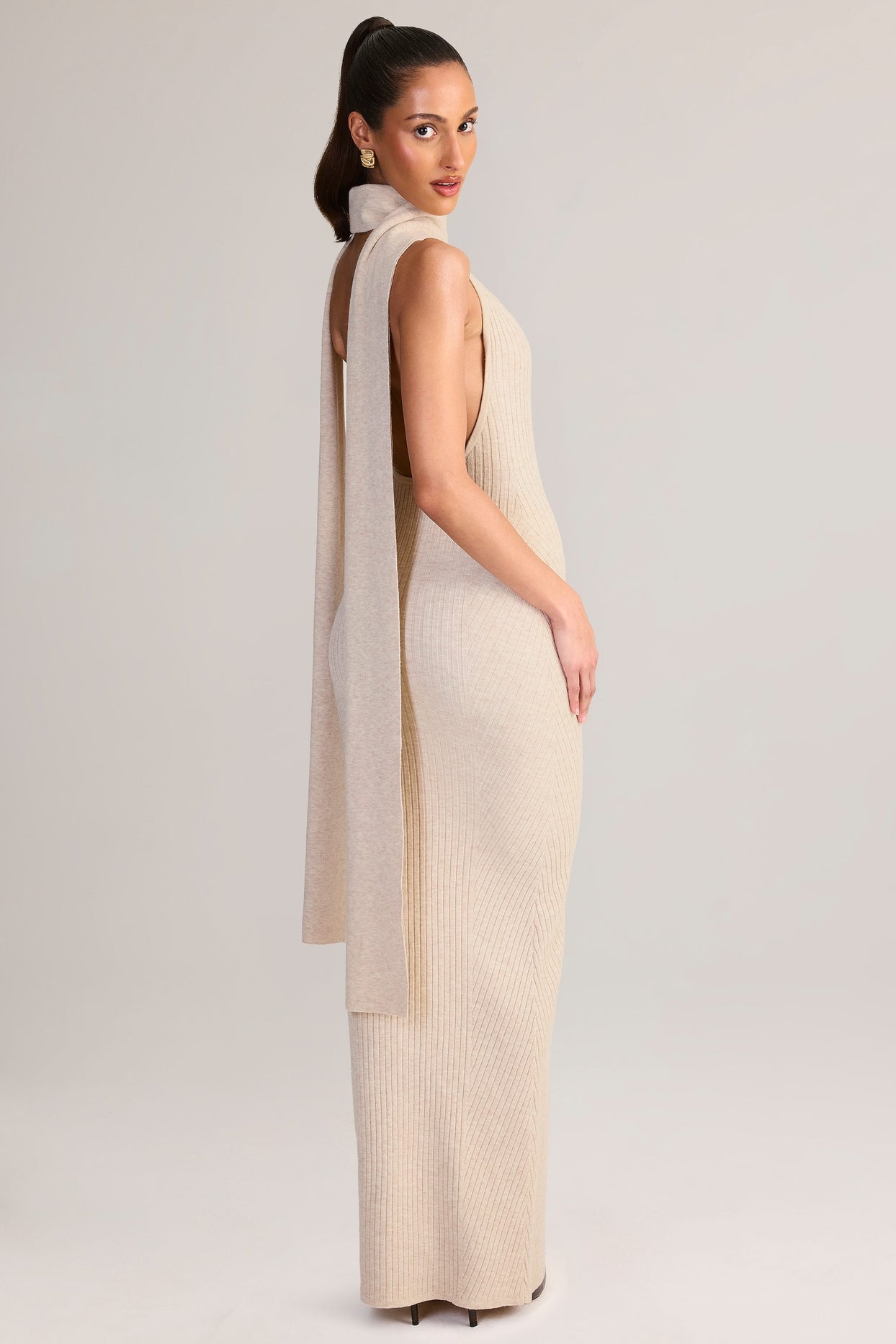 Rib-Knit Scarf-Detail Halterneck Maxi Dress in Cream - 7