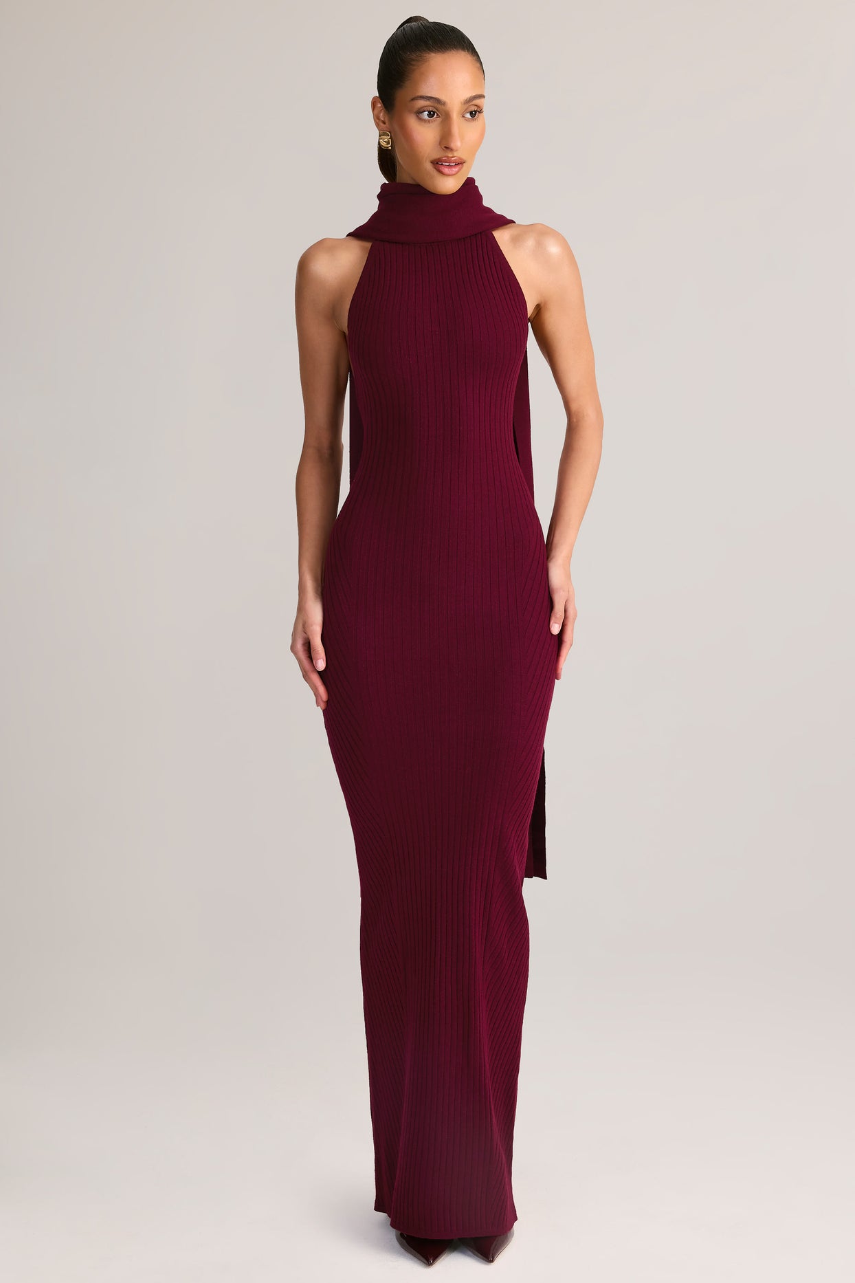 Rib-Knit Scarf-Detail Halterneck Maxi Dress in Wine - 5