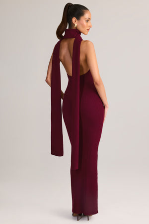 Knit Scarf-Detail Halterneck Maxi Dress in Wine