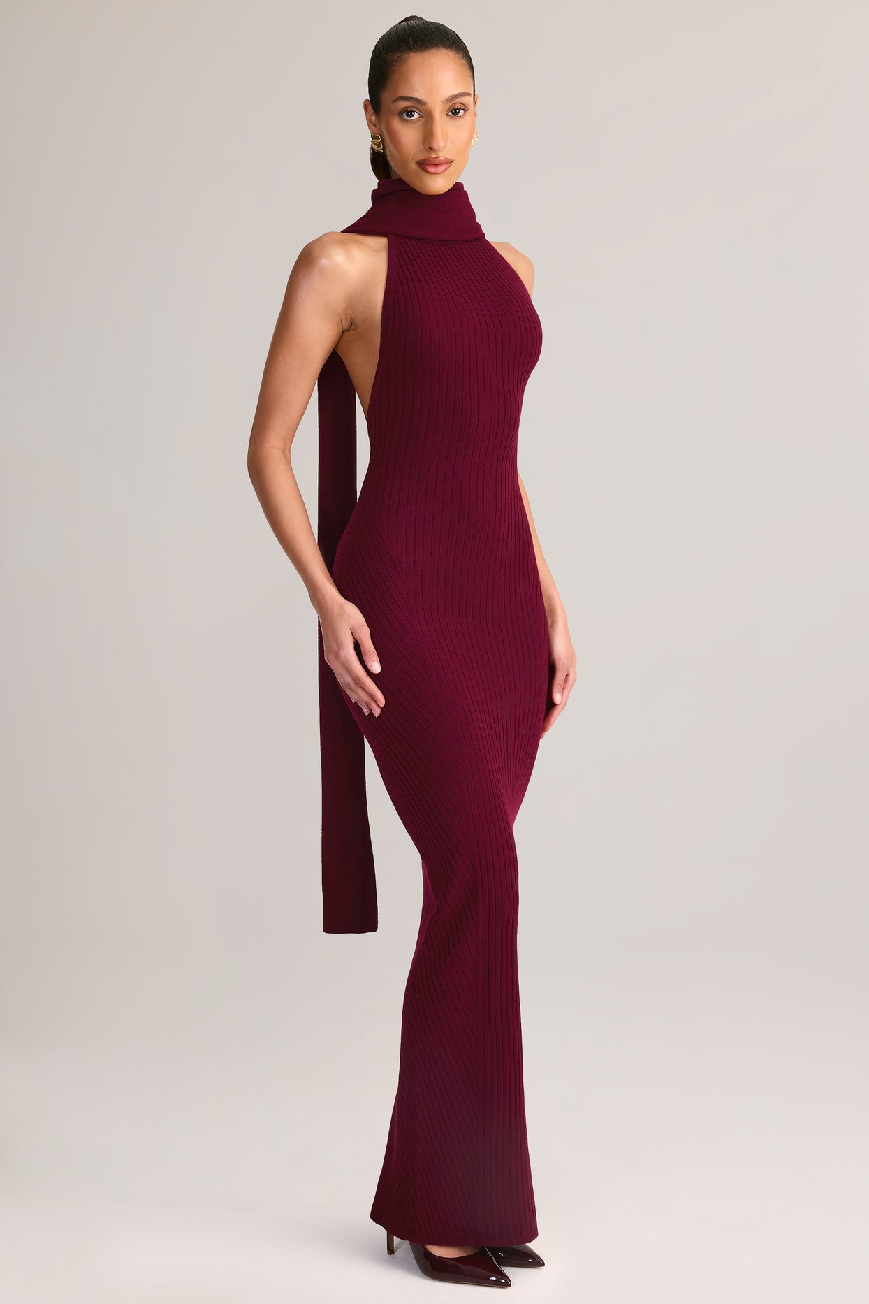 Rib-Knit Scarf-Detail Halterneck Maxi Dress in Wine - 1