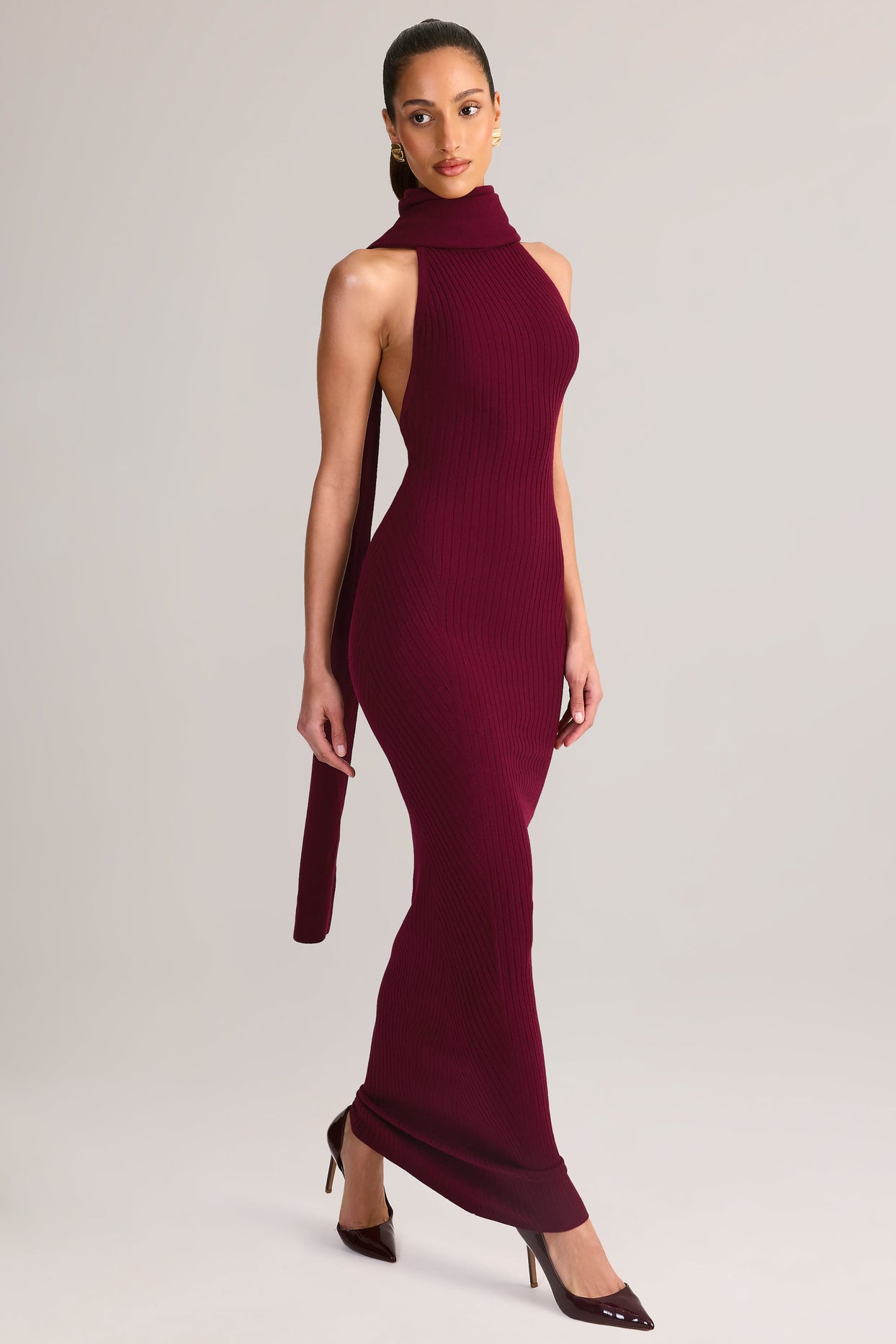 Rib-Knit Scarf-Detail Halterneck Maxi Dress in Wine - 6