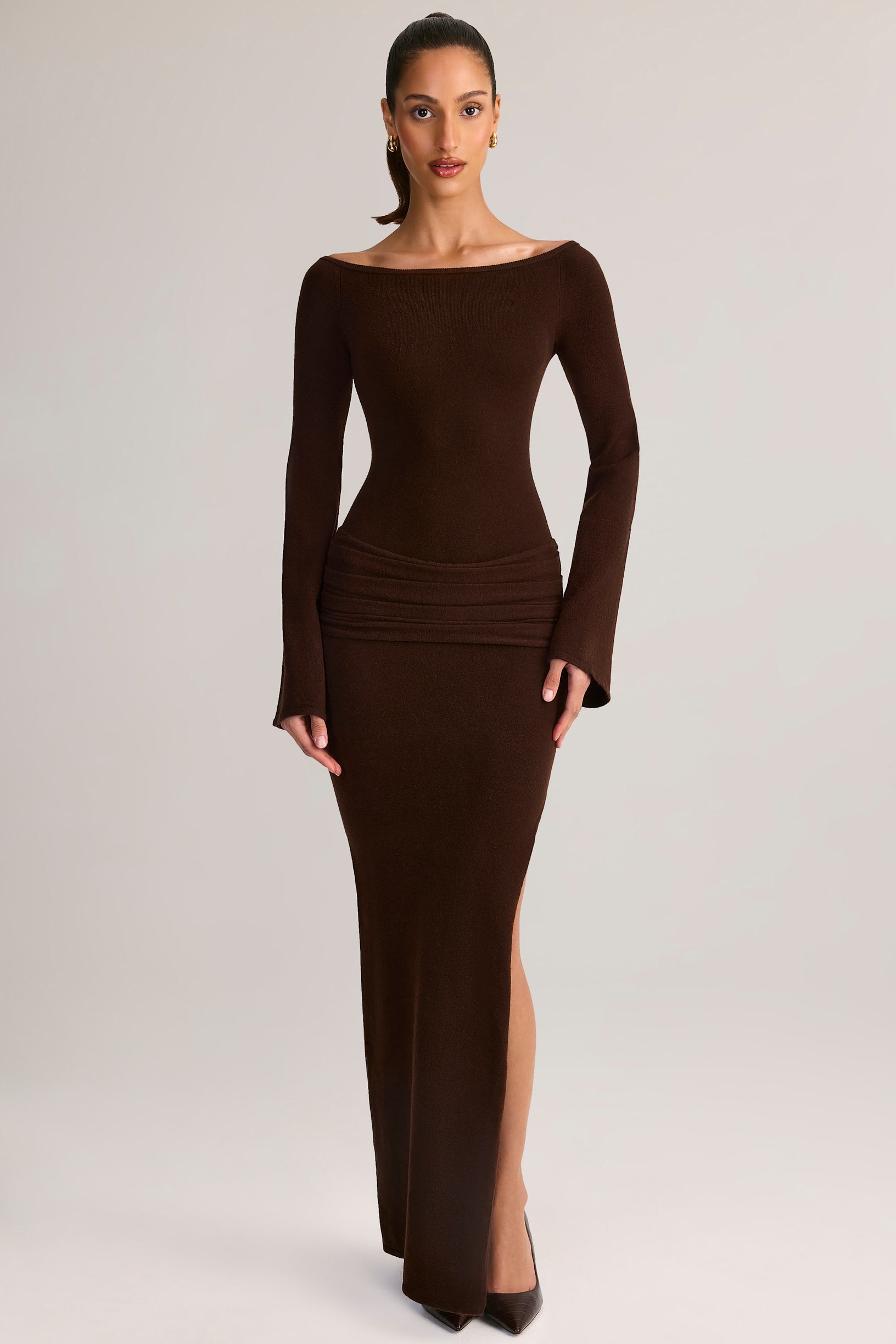 Rib-Knit Boat-Neck Long-Sleeve Maxi Dress in Chocolate Brown - 1