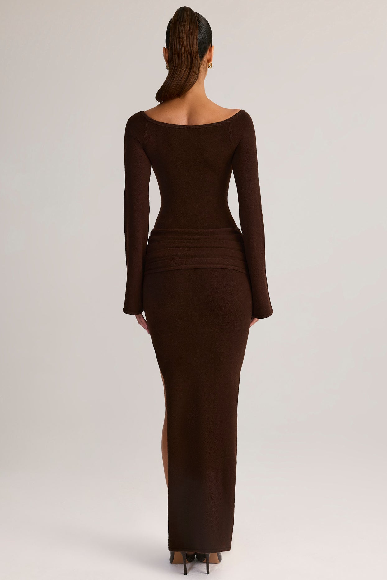 Rib-Knit Boat-Neck Long-Sleeve Maxi Dress in Chocolate Brown - 2