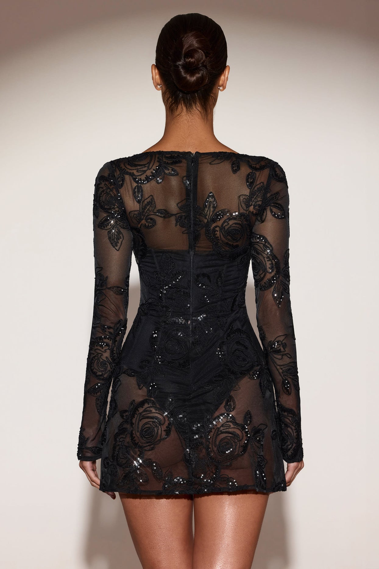 Sheer Embellished Bodysuit Corset Mini Dress in Black - 3