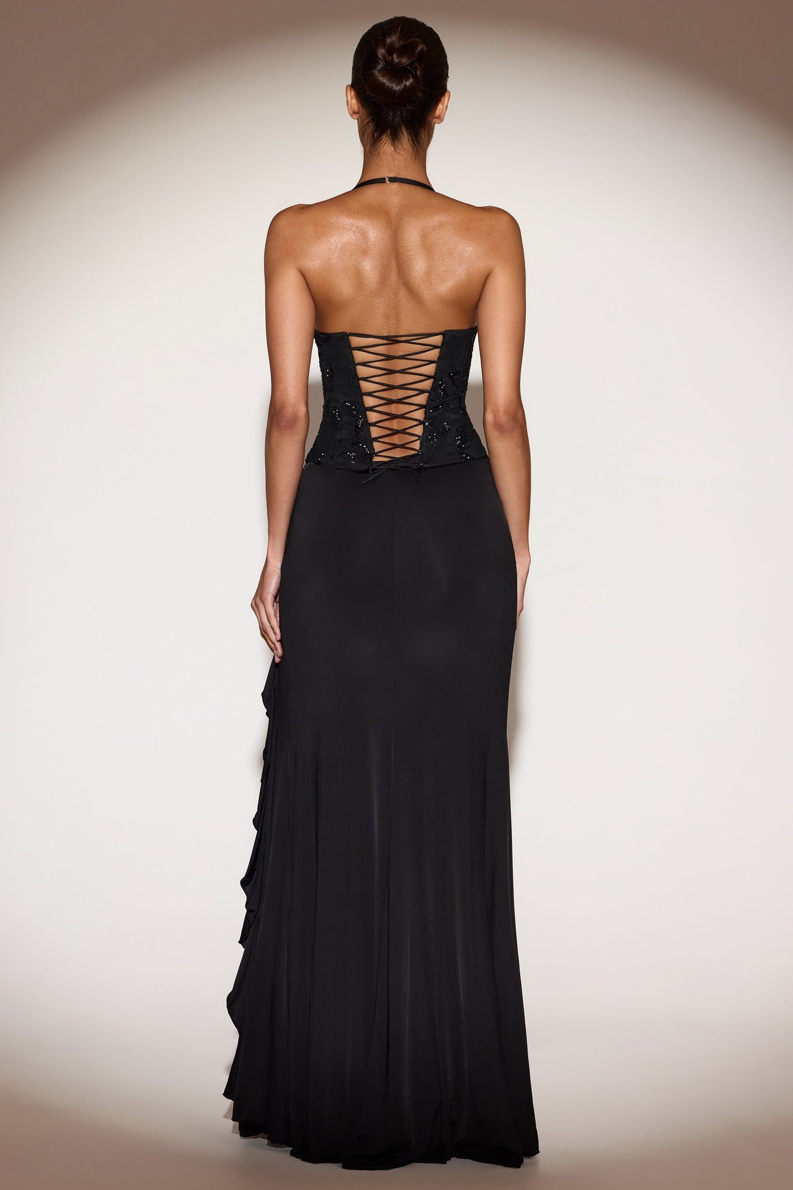 Embellished Cowl-Neck Ruffled Gown Dress in Black - 2