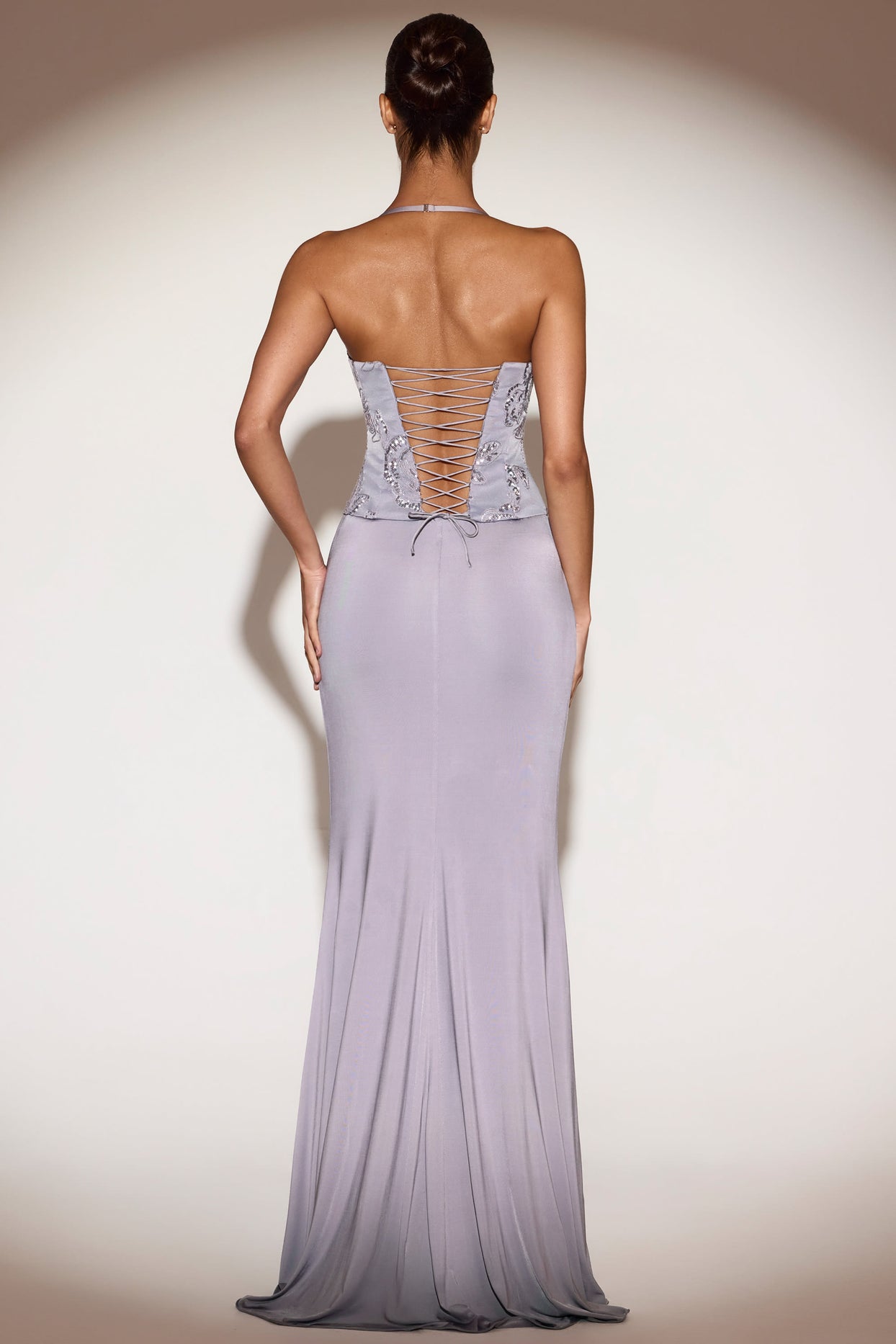 Embellished Cowl-Neck Ruffled Gown Dress in Lilac - 2