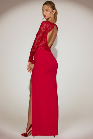 Lace Plunge-Neck Maxi Dress in True Red