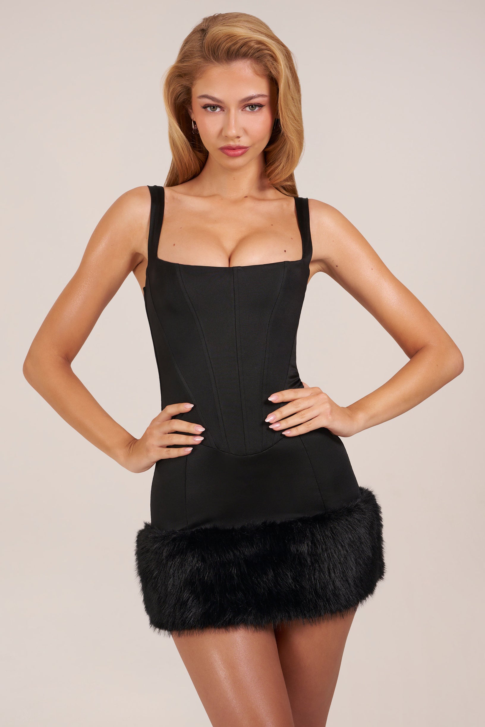 Satin Square-Neck Corset Faux-Fur Mini Dress in Black - 1