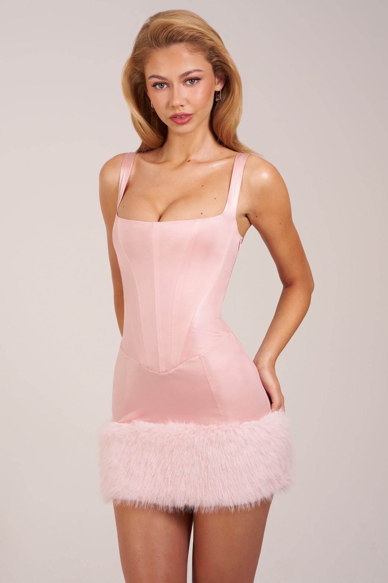 Satin Square-Neck Corset Faux-Fur Mini Dress in Blush Pink - 7
