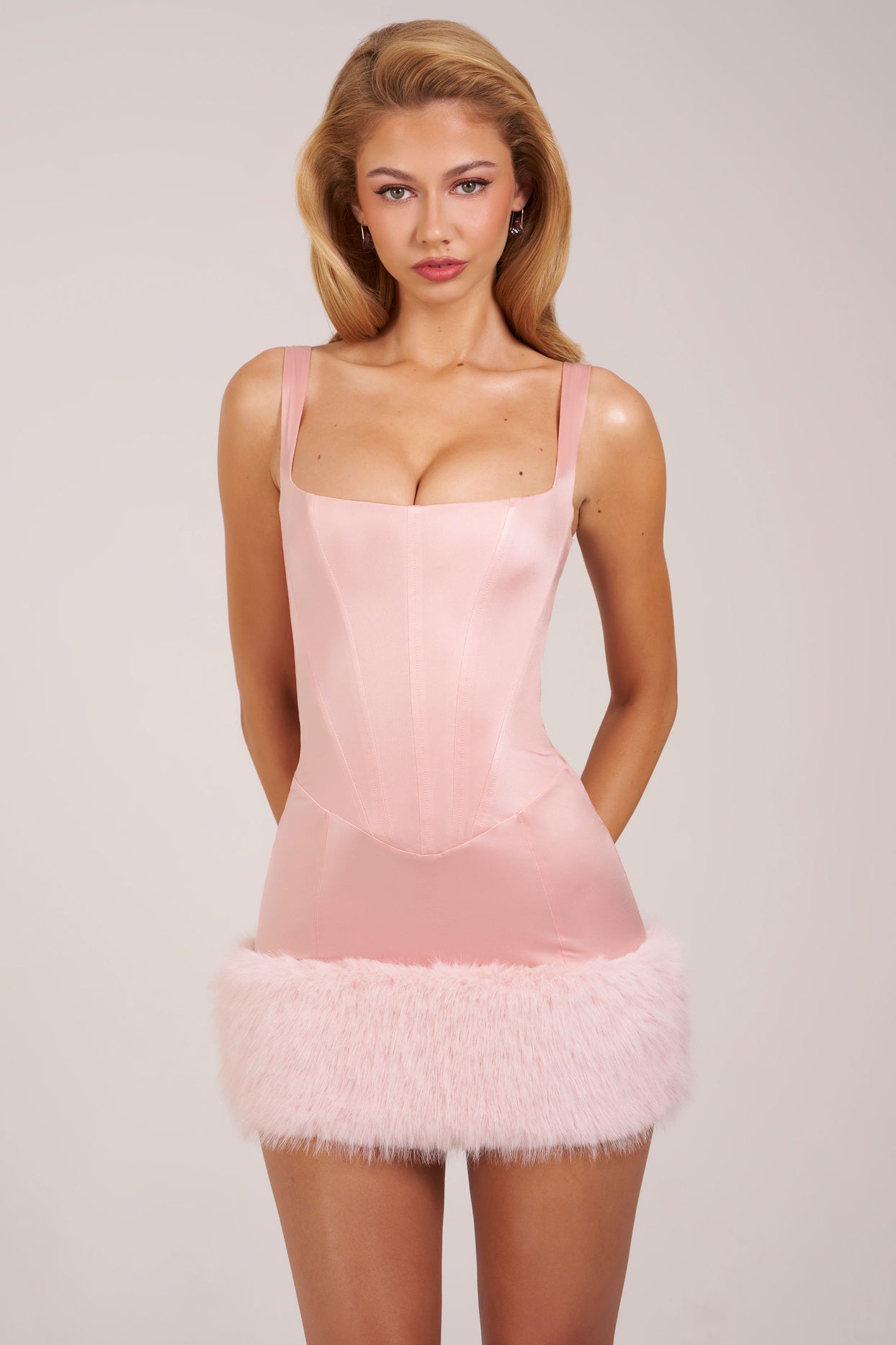 Satin Square-Neck Corset Faux-Fur Mini Dress in Blush Pink - 6