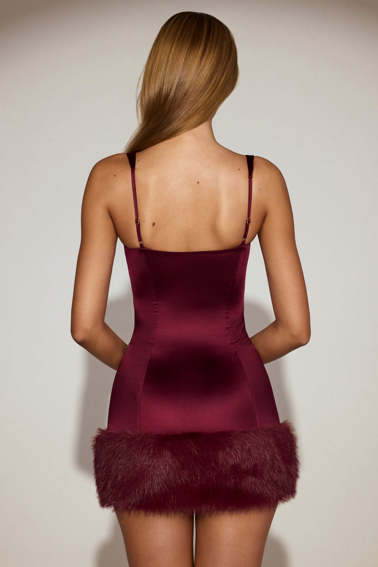 Satin Square-Neck Corset Faux-Fur Mini Dress in Wine Red - 7