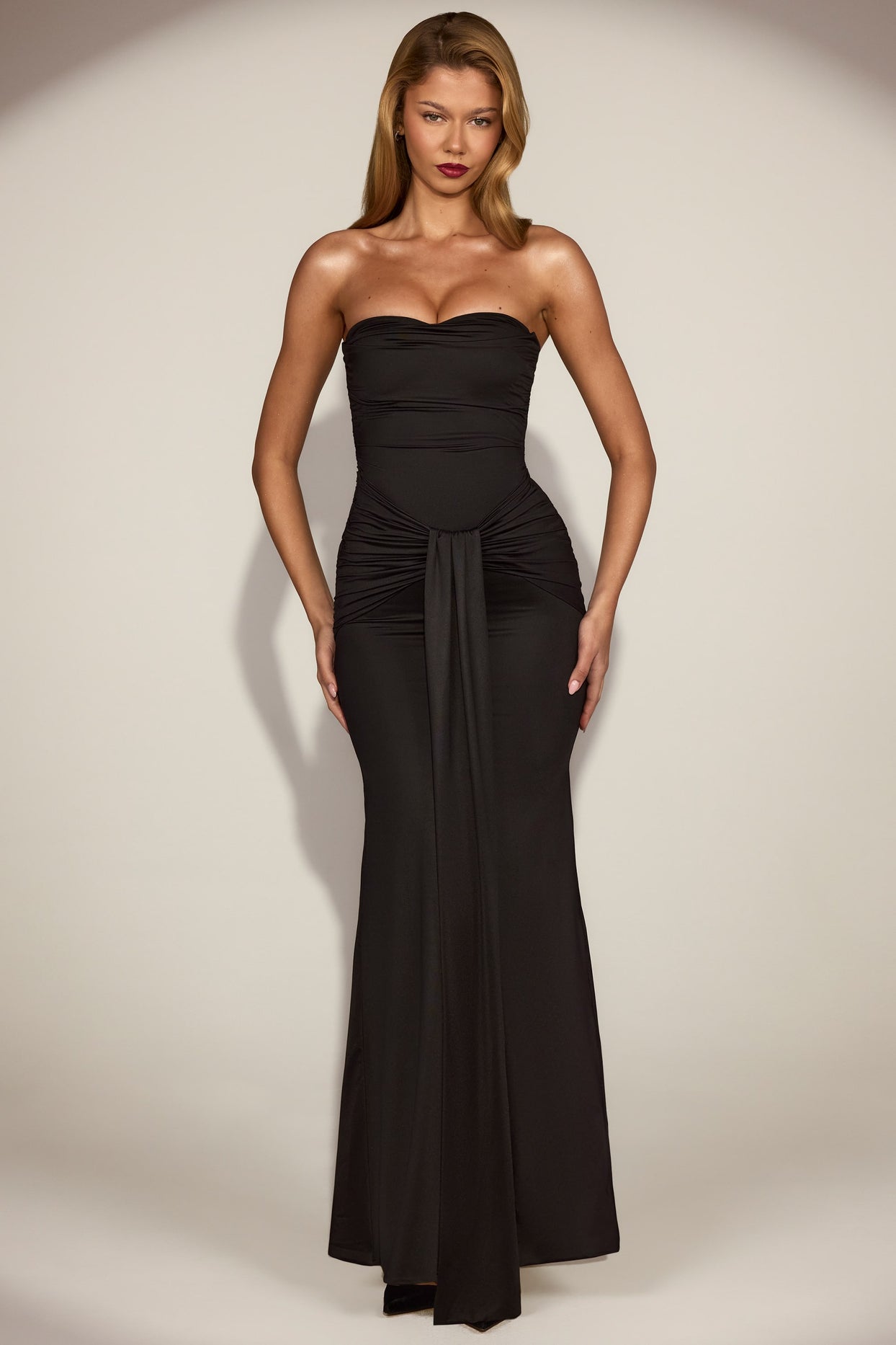 Satin Peekaboo Bandeau Draped Gown in Black - 1