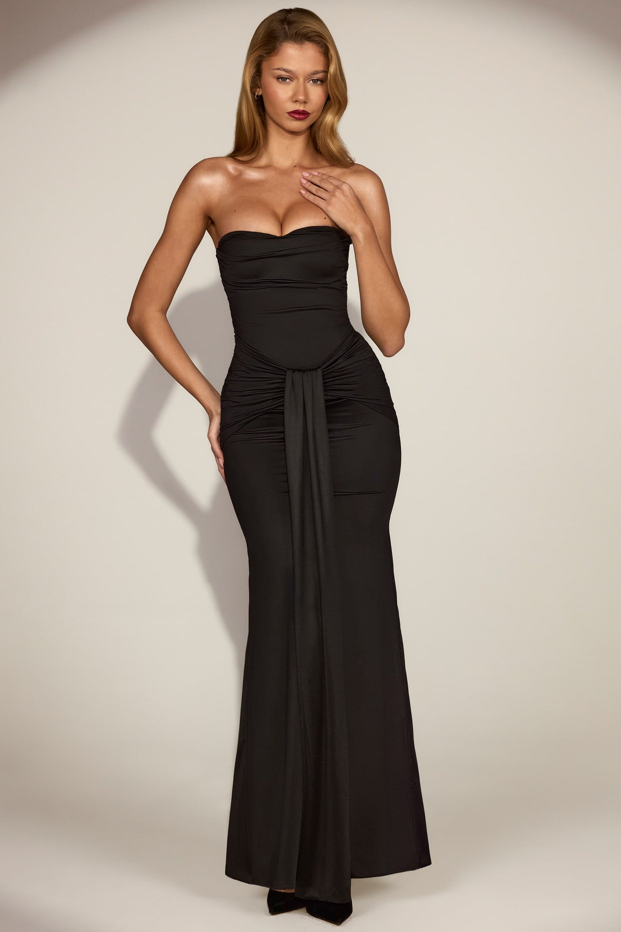 Satin Peekaboo Bandeau Draped Gown in Black - 5