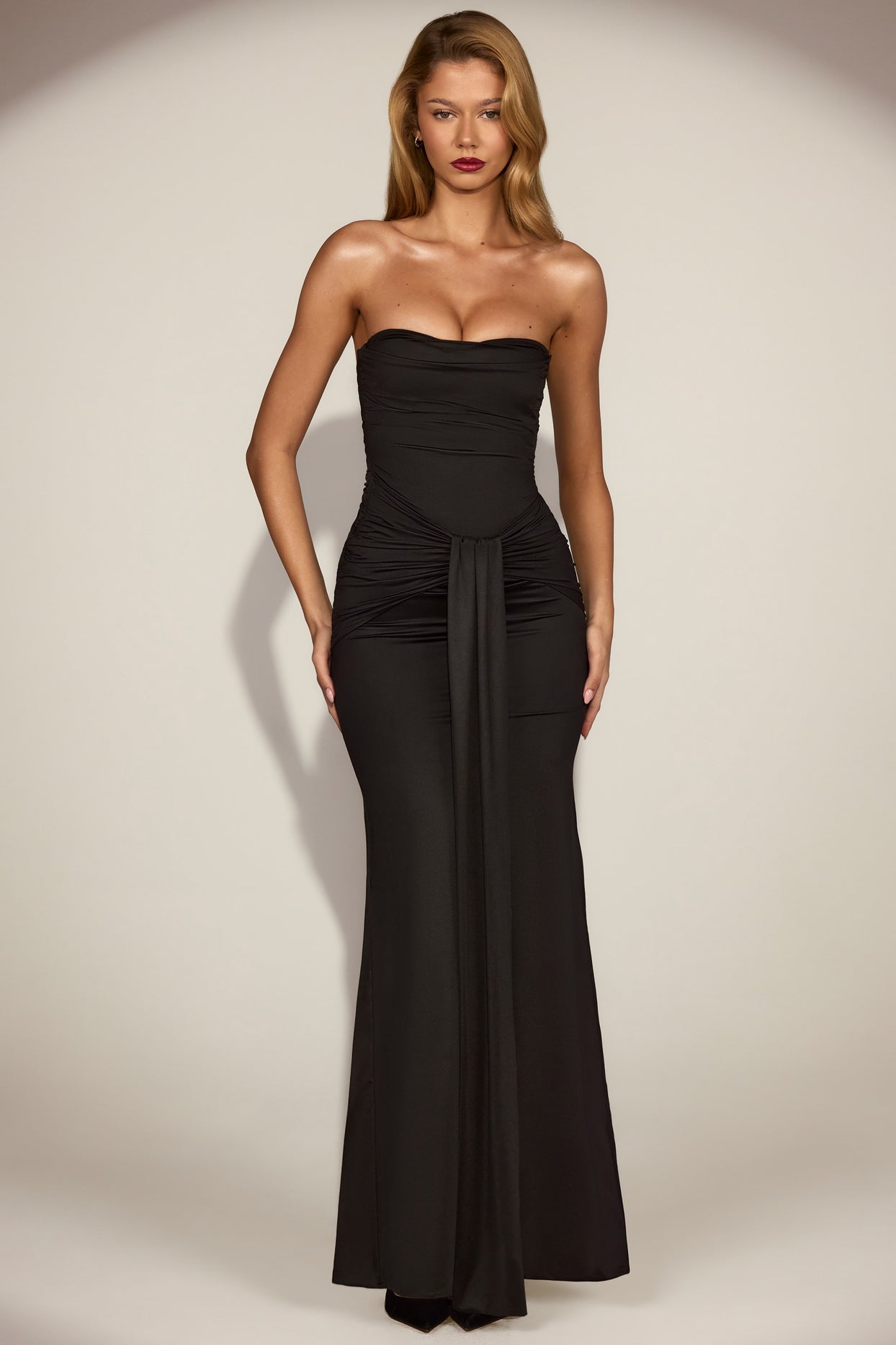 Satin Peekaboo Bandeau Draped Gown in Black - 8