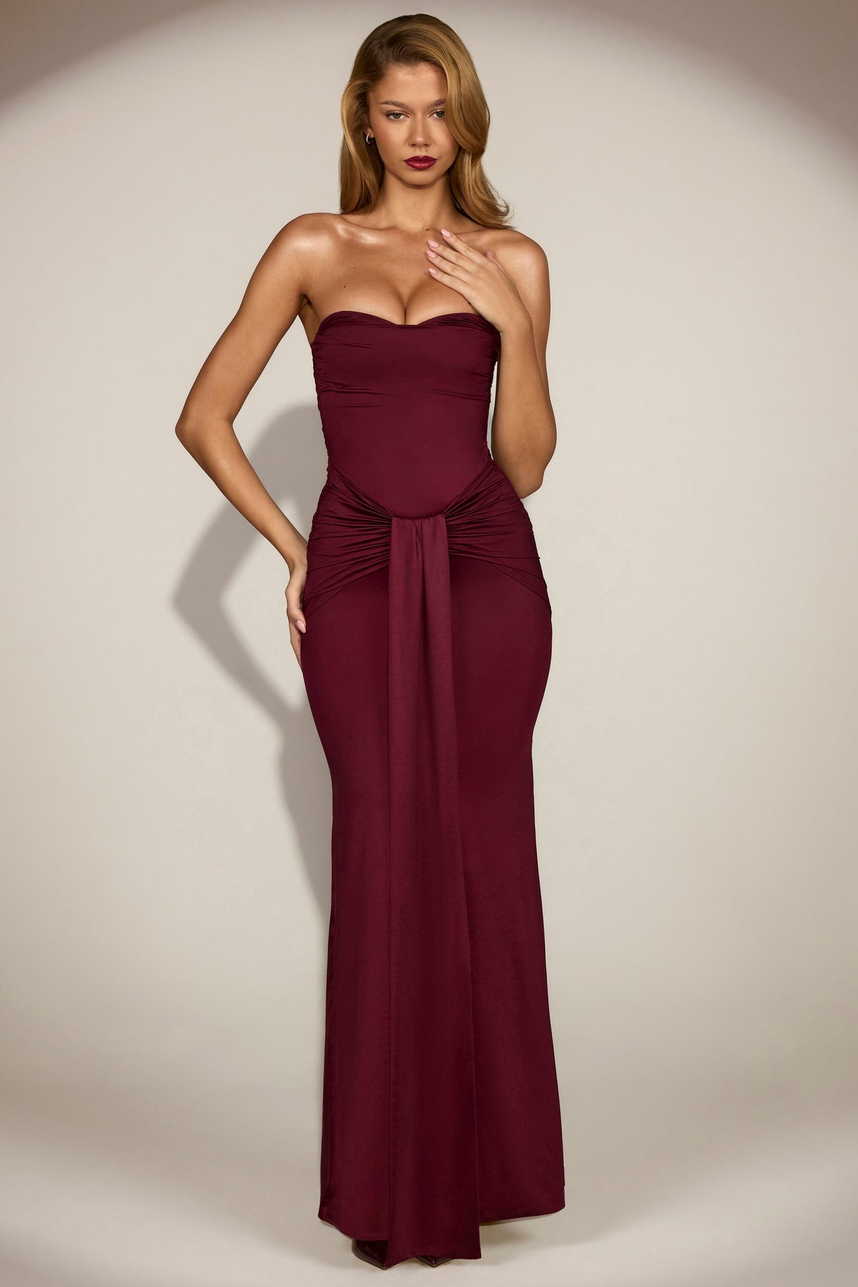 Satin Peekaboo Bandeau Draped Gown in Wine Red - 8