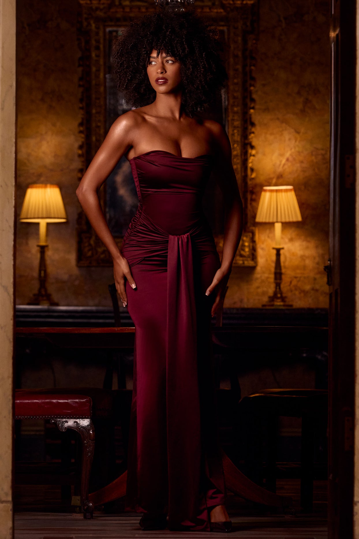 Satin Peekaboo Bandeau Draped Gown in Wine Red - 2