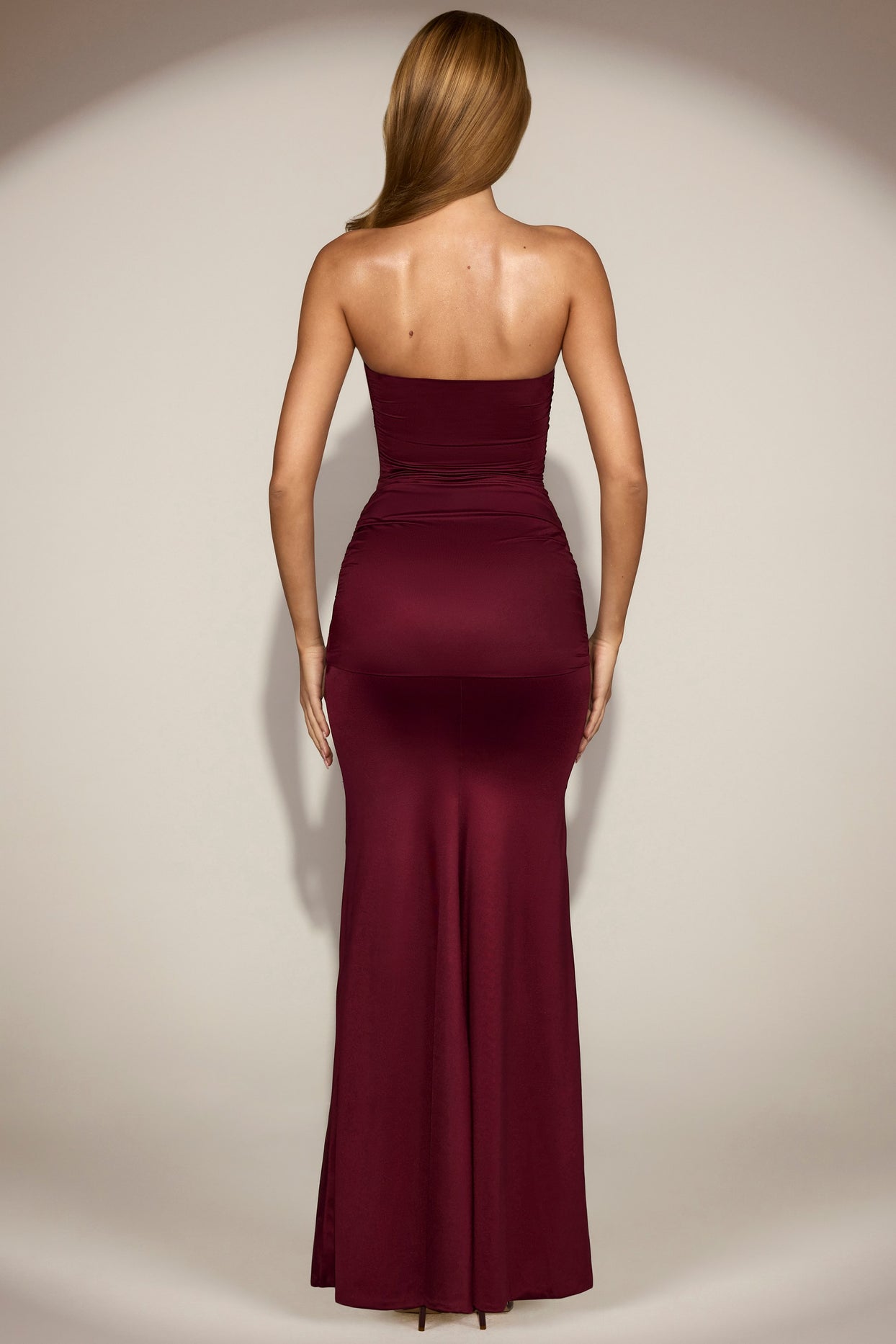 Satin Peekaboo Bandeau Draped Gown in Wine Red - 3