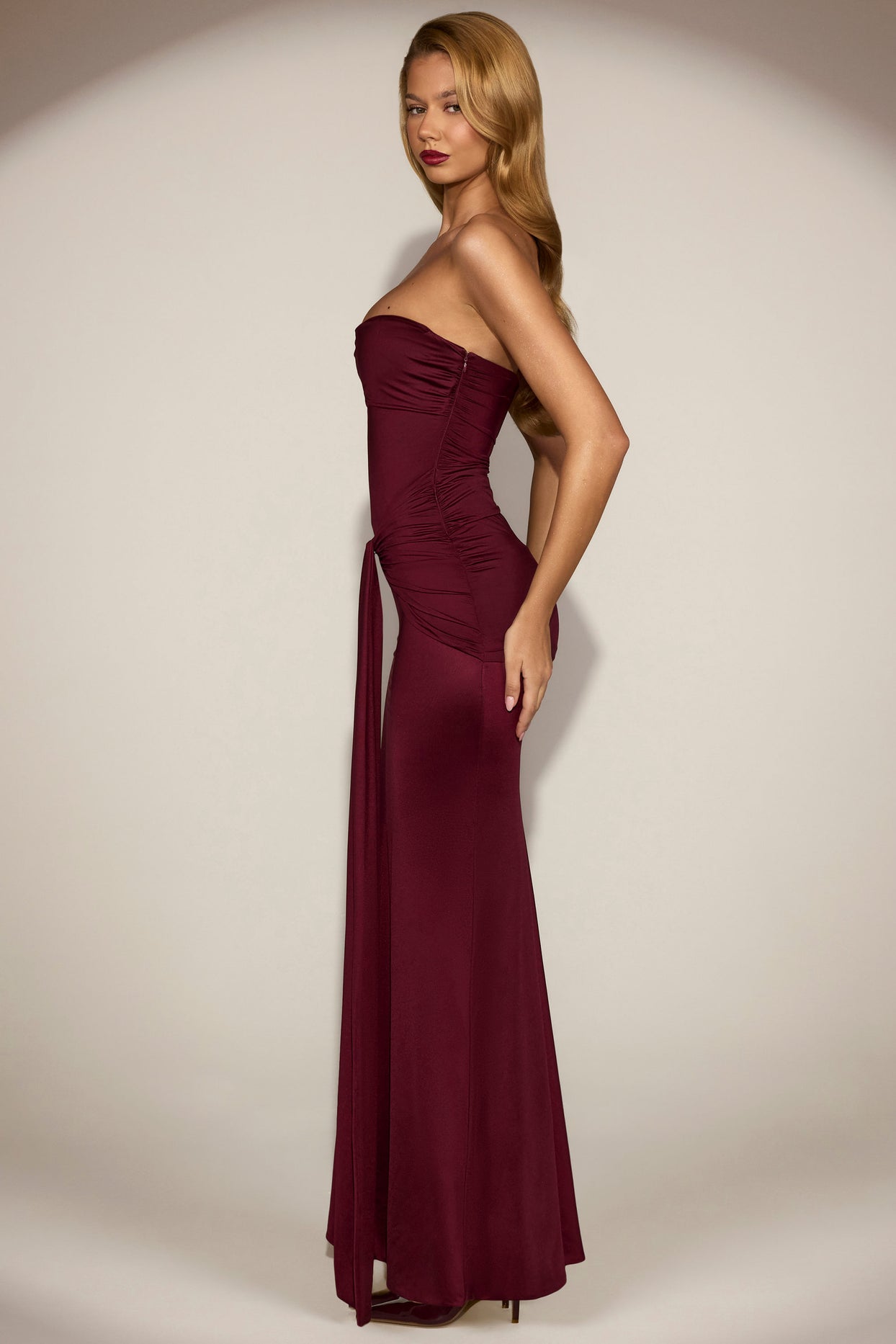 Satin Peekaboo Bandeau Draped Gown in Wine Red - 4