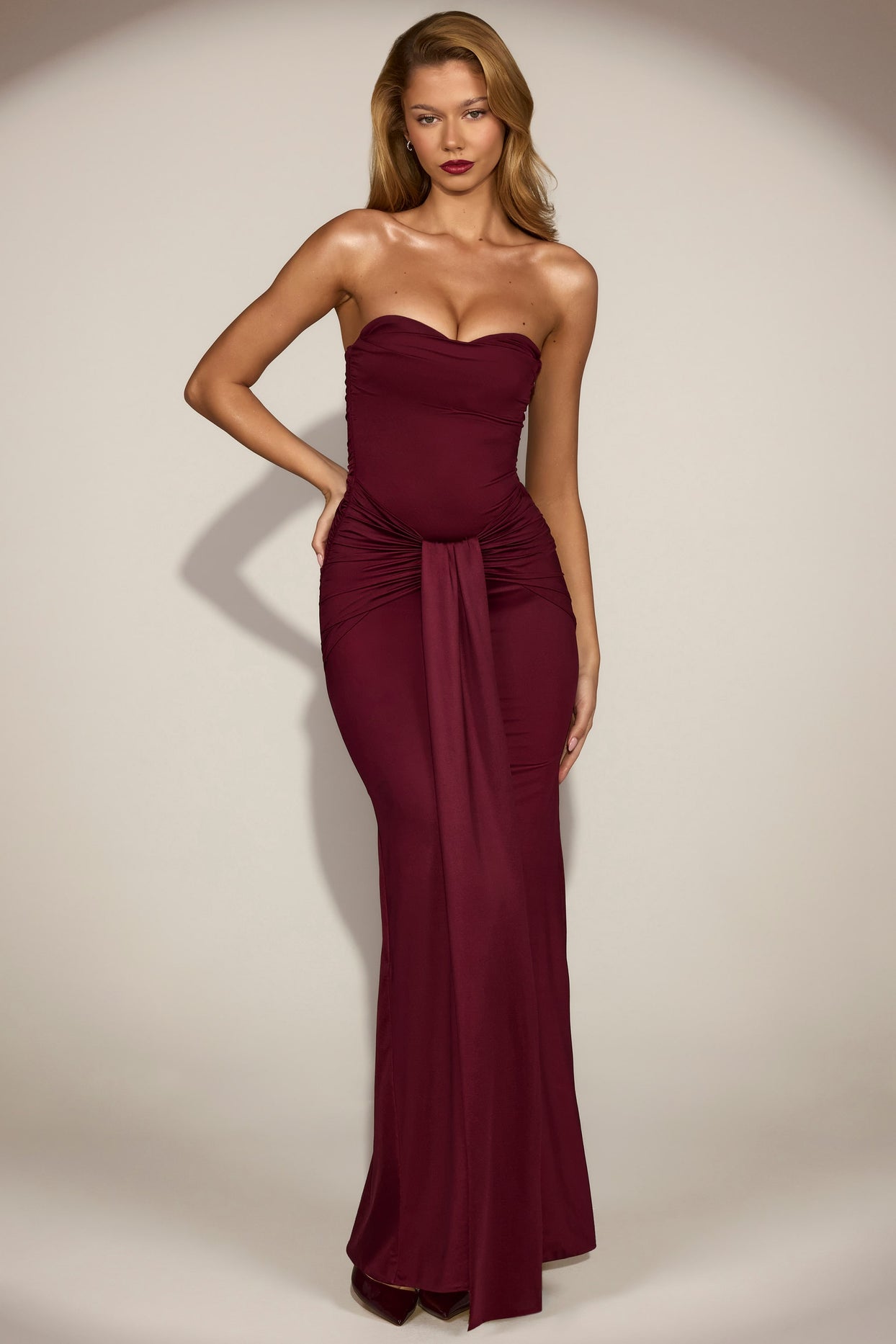 Satin Peekaboo Bandeau Draped Gown in Wine Red - 1