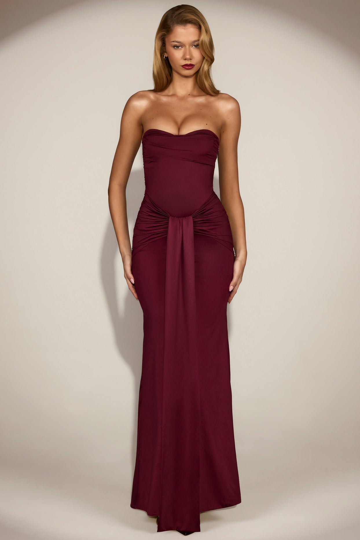 Satin Peekaboo Bandeau Draped Gown in Wine Red - 6
