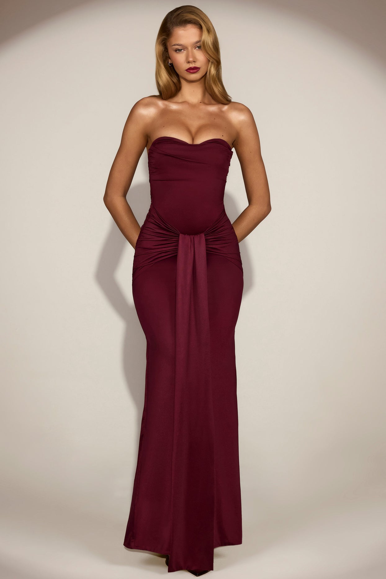 Satin Peekaboo Bandeau Draped Gown in Wine Red - 9